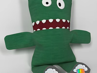 Green Cute Cartoon Pillow With Big Eyes Sharp Teeth Cloud And Rainbow Design 3d model