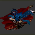 Game and Movie Character With Blue Long Hair Red Gold Outfit and Ornamental Headdress