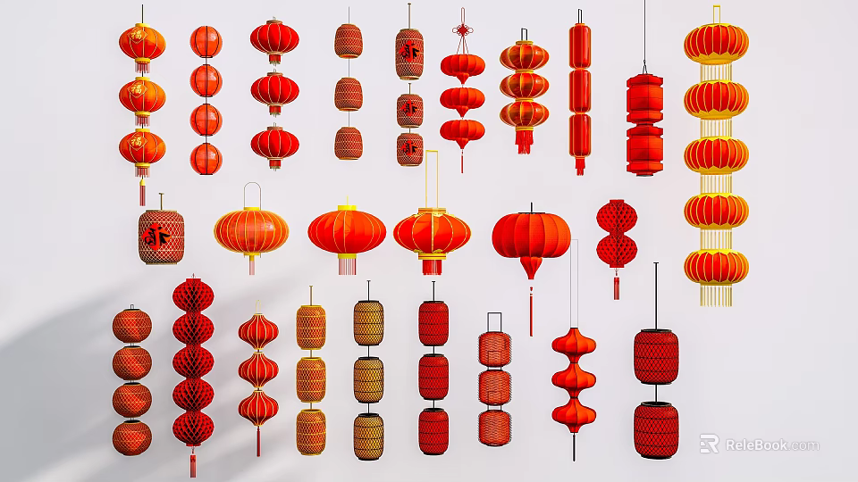 Traditional Red Chinese Lanterns With Various Shapes And Decorative Designs 3d model 