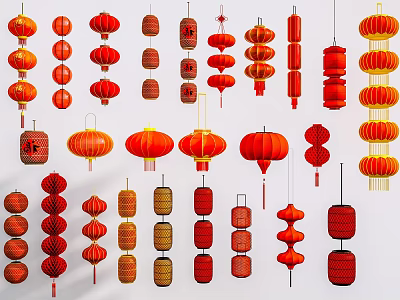Traditional Red Chinese Lanterns With Various Shapes And Decorative Designs 3d model