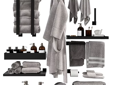 Organized Bathroom Essentials Collection With Soft Towels Bathrobe Toiletries And Storage Shelves 3d model