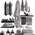 Organized Bathroom Essentials Collection With Soft Towels Bathrobe Toiletries And Storage Shelves