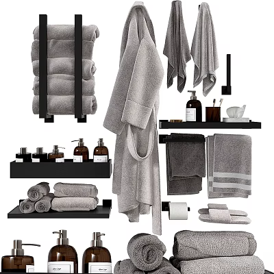 Organized Bathroom Essentials Collection With Soft Towels Bathrobe Toiletries And Storage Shelves 3d model