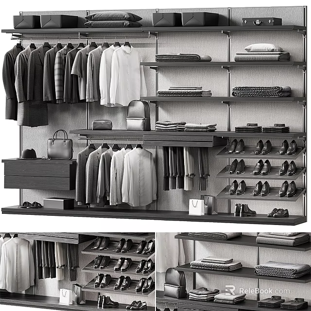 Modern Organized Closet Interior Design With Hanging Clothes Folded Garments Shoes And Shelves 3d model 