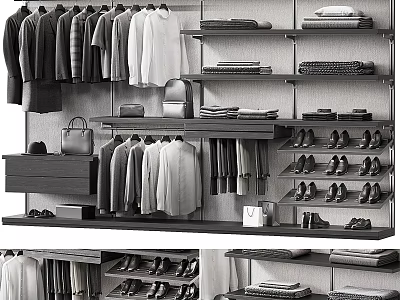 Modern Organized Closet Interior Design With Hanging Clothes Folded Garments Shoes And Shelves 3d model