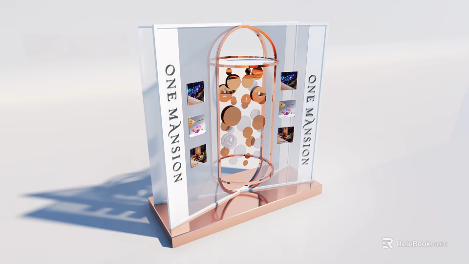 Instagrammable Photo Spot at One Mansion with Transparent Display Circular Structure and Rose Gold Base 3d model 