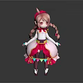 Cartoon Style 3D Character Model With Pink Braided Pigtails Red Headpiece And Colorful Outfit