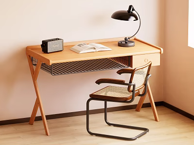 Cozy Wooden Desk Setup With Open Book Radio Desk Lamp And Chair 3d model