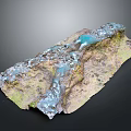 Detailed Terrain Model Featuring Mountainous Landscape Flowing River And Green Vegetation