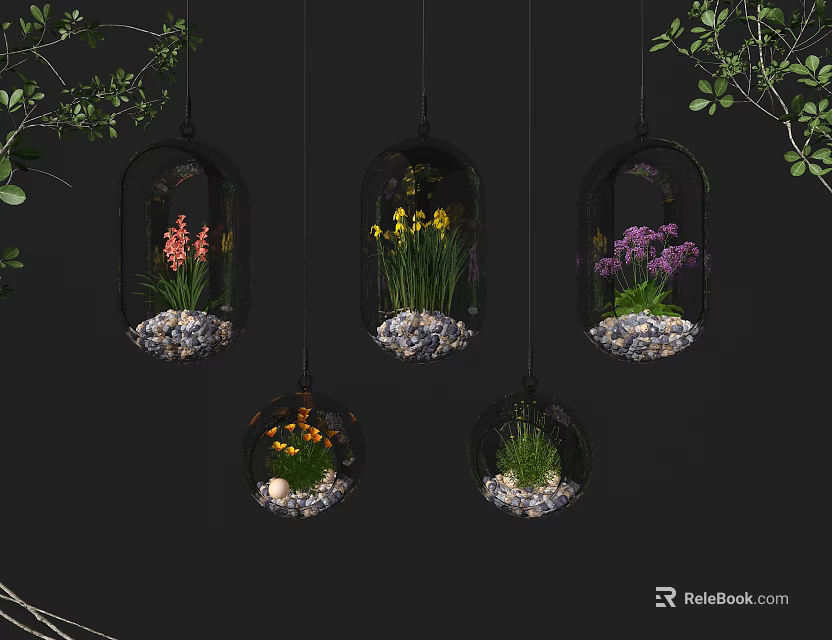Decorative Glass Hanging Planters With Colorful Flowers Pebbles And Green Leaves 3d model 