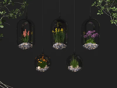 Decorative Glass Hanging Planters With Colorful Flowers Pebbles And Green Leaves 3d model