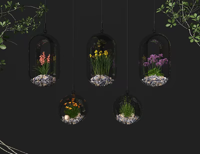 Decorative Glass Hanging Planters With Colorful Flowers Pebbles And Green Leaves 3d model