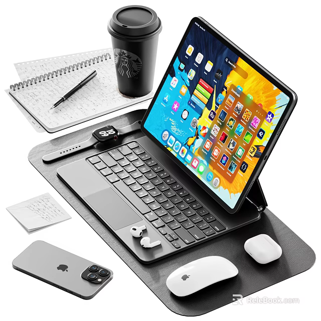 Efficient Home Workspace Setup With Tablet Keyboard Smartwatch Earbuds Mouse Phone And Notebook 3d model 