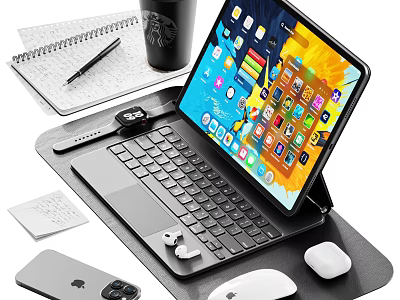Efficient Home Workspace Setup With Tablet Keyboard Smartwatch Earbuds Mouse Phone And Notebook 3d model
