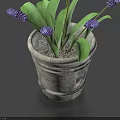 Decorative Bonsai Potted Plant with Purple Flowers Green Leaves in Gray Clay Pot