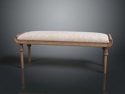 Wooden Bench With Upholstered Patterned Seat And Curved Wooden Legs Design 3d model