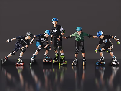 Men Posing In Rollerblading Gear With Blue Helmets On Smooth Shiny Floor 3d model