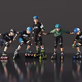 Men Posing In Rollerblading Gear With Blue Helmets On Smooth Shiny Floor