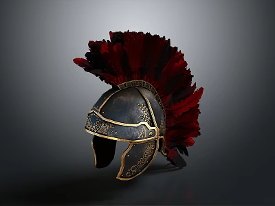 Ancient Roman Helmet Weapon With Red Feather Plume Metallic Build And Golden Engravings 3d model