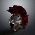 Ancient Roman Helmet Weapon With Red Feather Plume Metallic Build And Golden Engravings