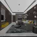 Modern Living Dining Room Interior With Gray Sofa Yellow Cushions Round Rug And Bookshelves