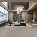 Modern Hotel Lobby Interior With Large Chandelier Sofa Area And Green Plants