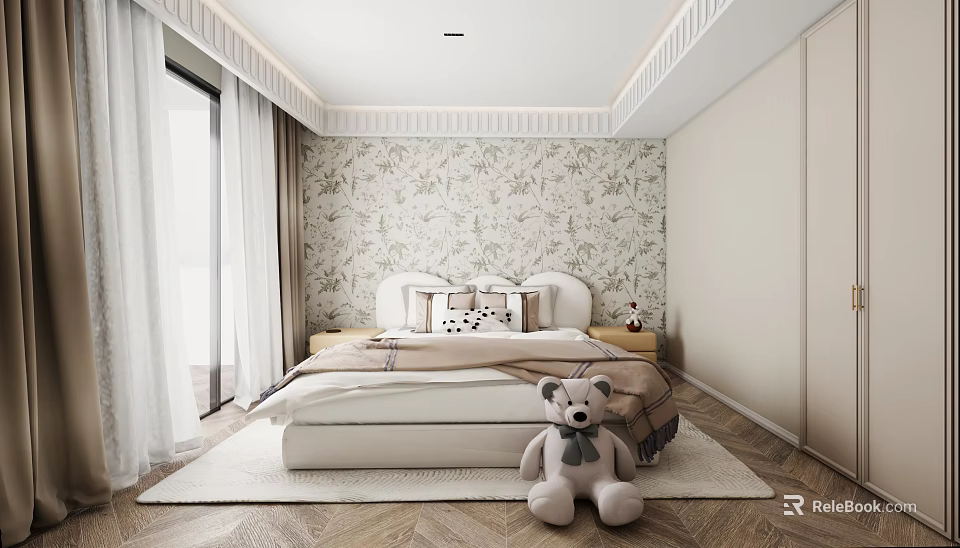 Cozy Kids Room With Bed Pillows Teddy Bear And Patterned Wallpaper 3d model 