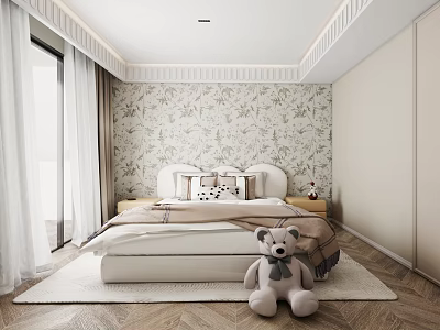 Cozy Kids Room With Bed Pillows Teddy Bear And Patterned Wallpaper 3d model