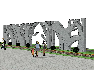 Tree Shaped Landscape Wall With Hollow Design Stone Structure Pedestrians Green Plants And Paved Ground 3d model