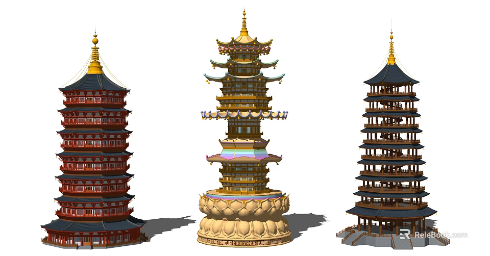 Traditional Chinese Ancient Pagodas Featuring Golden Red Wooden Multi Tiered Structures With Lotus Base 3d model 