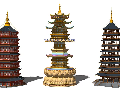 Traditional Chinese Ancient Pagodas Featuring Golden Red Wooden Multi Tiered Structures With Lotus Base 3d model