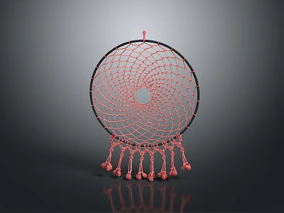 Decorative Circular Dreamcatcher With Black Frame Red Web And Bottom Tassel Beads 3d model