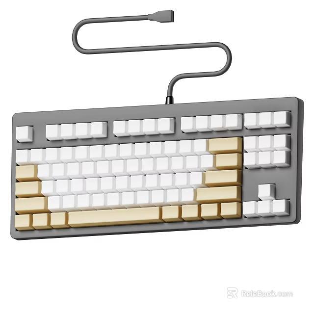 Gray Frame Computer Keyboard With White And Beige Keys And Black Cable 3d model 
