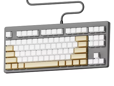 Gray Frame Computer Keyboard With White And Beige Keys And Black Cable 3d model