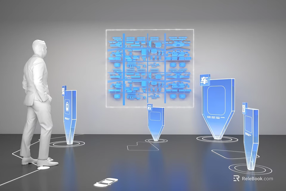 Man Standing Near Blue Transparent Display Panels With Layout Diagram And Floor Markers 3d model 