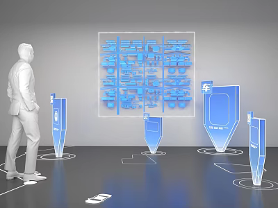 Man Standing Near Blue Transparent Display Panels With Layout Diagram And Floor Markers 3d model