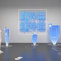 Man Standing Near Blue Transparent Display Panels With Layout Diagram And Floor Markers