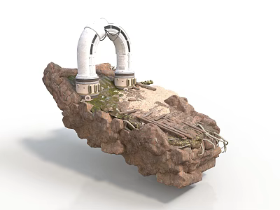 Floating Rock Platform With White Arch Structure Vegetation And Wooden Pathway 3d model