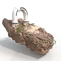 Floating Rock Platform With White Arch Structure Vegetation And Wooden Pathway