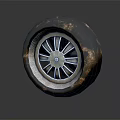 Textured Weathered Tire With Illuminated Teal Glow Rim And Metallic Accent Design