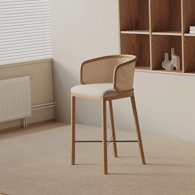 Wooden Bar Stool With Woven Backrest Light Seat Cushion In Interior With Bookshelf Window Blinds 3d model
