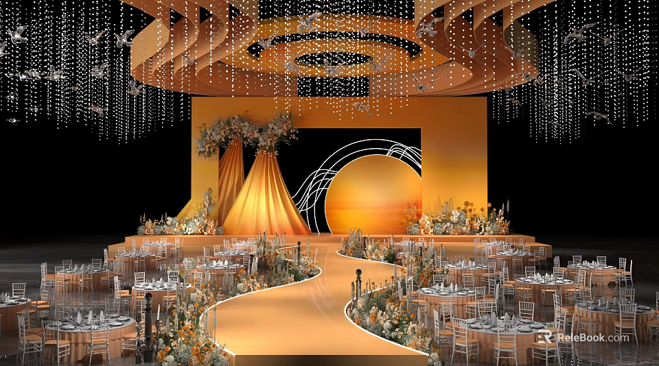 Modern Banquet Hall with Stage Curved Walkway Floral Decorations Orange Gold Circular Backdrop and Chandeliers 3d model 