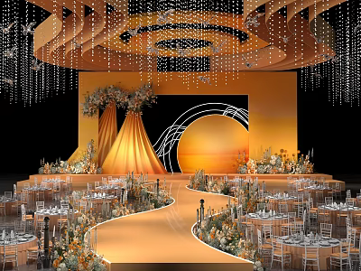 Modern Banquet Hall with Stage Curved Walkway Floral Decorations Orange Gold Circular Backdrop and Chandeliers 3d model