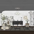 Modern Living Room Interior With White Sofa Black Cabinet Chandelier Green Plant And Easel