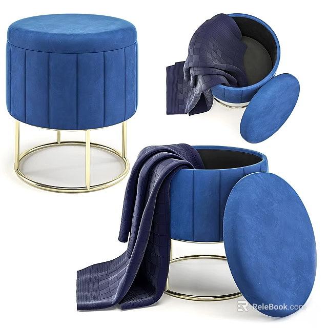 Blue Velvet Storage Ottoman With Gold Metal Legs And Lift Top Design 3d model 
