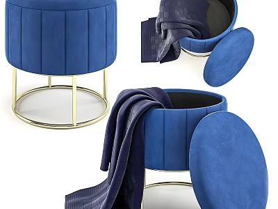 Blue Velvet Storage Ottoman With Gold Metal Legs And Lift Top Design 3d model