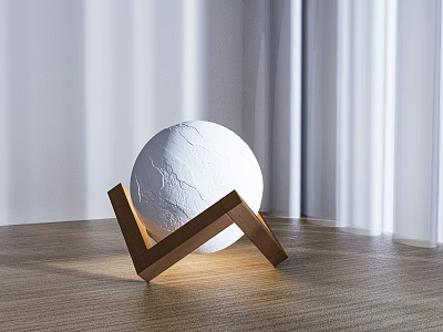 Modern White Spherical Table Lamp With Cracked Surface Wooden V Shaped Base And Natural Light 3d model