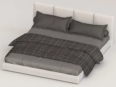 Modern Double Bed With White Upholstered Headboard Grey Pillows And Plaid Blanket 3d model