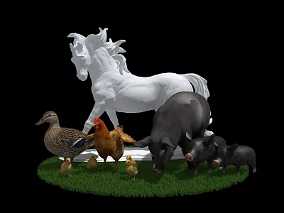 White Horse Sculpture With Duck Chicken Cow Pigs And Chicks On Green Grass Black Background 3d model
