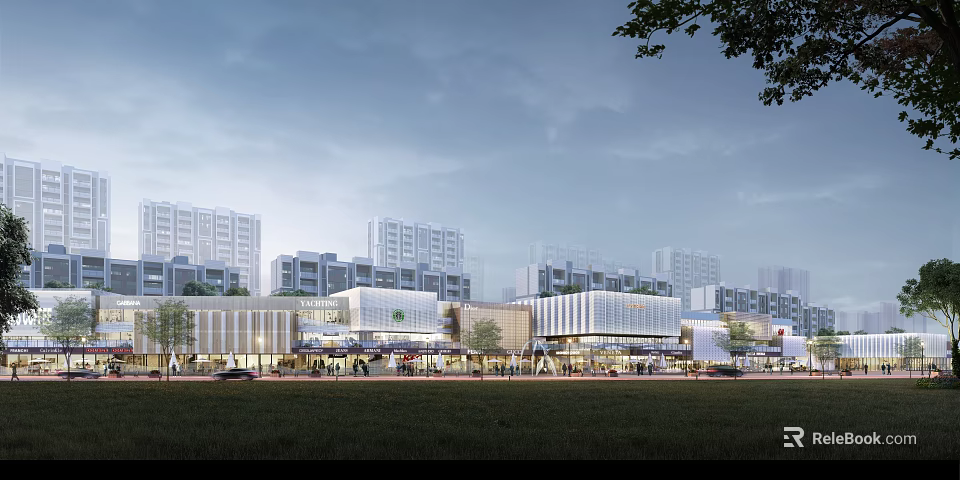 Modern Commercial Street Scene With Urban Buildings And Lively Crowds 3d model 